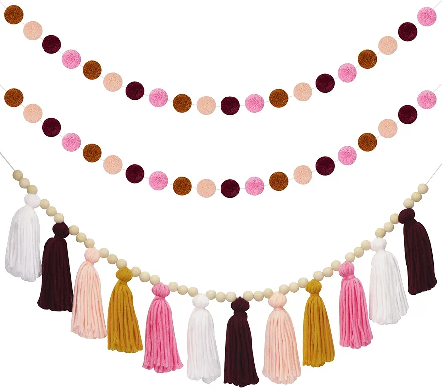 joycraft Tassel Garland Banner with Pom Pom Garlands, 3.6Ft Boho Home Decor Tassels Garland, Pink Rainbow Tassel Banner with Wood Beads, Wall Hanging Tassel Garland for Bedroom Christmas Classroom