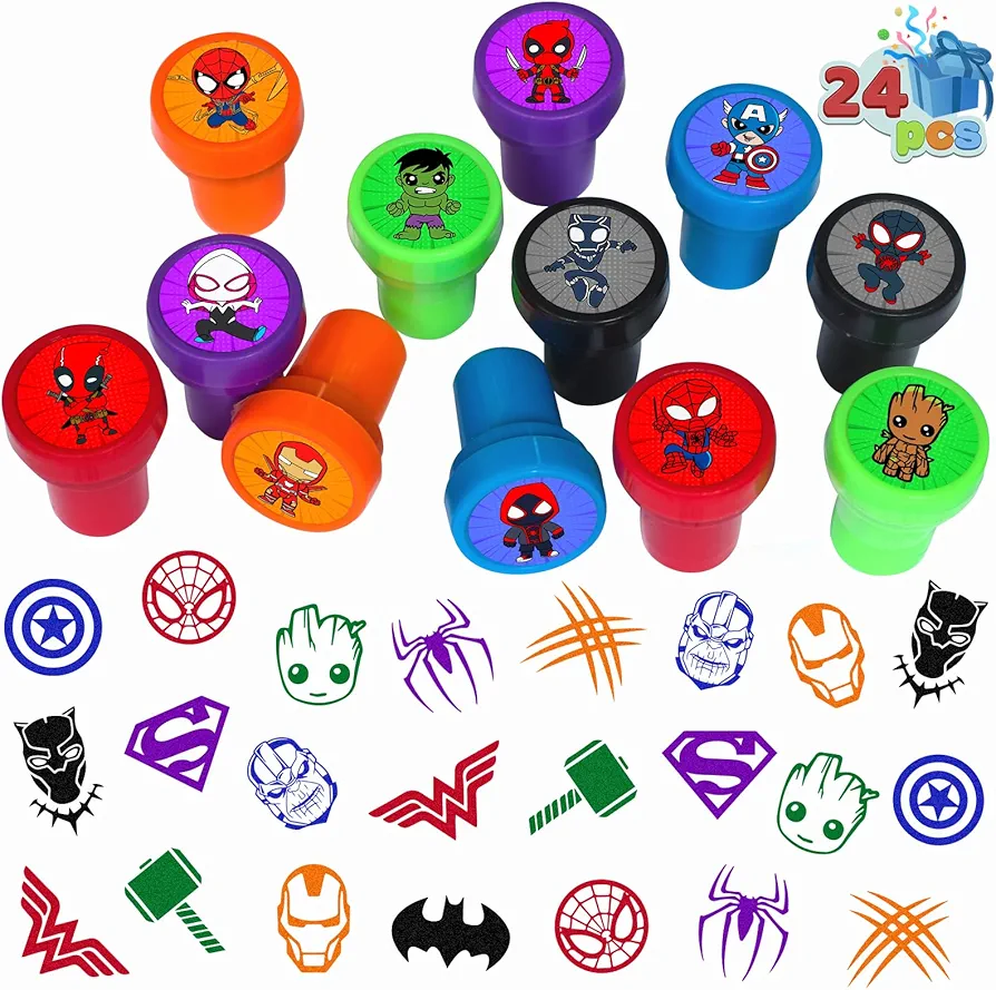 24 Pcs Superhero Themed Stampers for Kids, Superhero Birthday Party Supplies Favors, Classroom Rewards Prizes, Goody Bag Treat Bag Stuff for Superhero Birthday Party Gifts