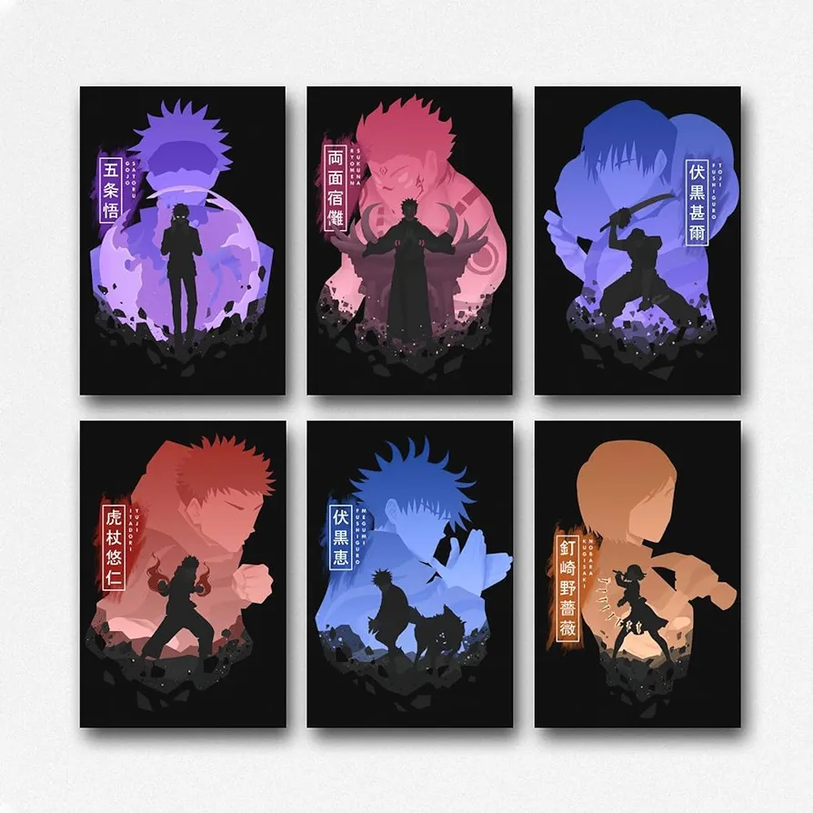 EVXOIJMS 6 PCS Japanese Anime Jujutsu Kaisen Poster Canvas Wall Art Print Painting Picture Artwork for Home Room Decoration Boy Gift Unframe-style 08x12inch(20x30cm)