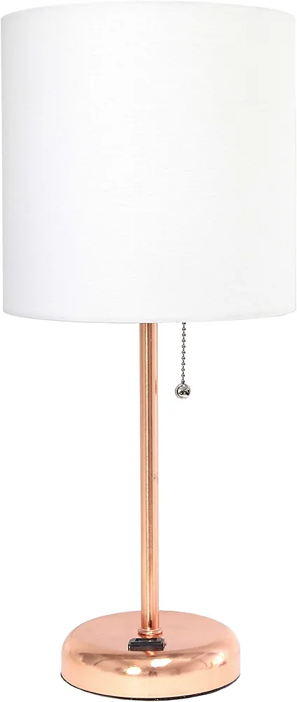 Simple Designs LT2024-RGD Rose Gold Stick Table Desk Lamp with Charging Outlet and Drum Fabric Shade, White Shade