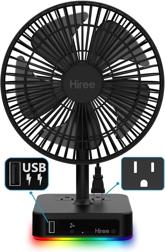 Desk Fan with USB Charging Port, 6.7 Inch 2 Speeds Small Desktop Table Fan with USB Charger, AC Outlet and LED Light, Strong Wind, Quiet Operation - Suitable for Bedroom, Home, Dorm Room