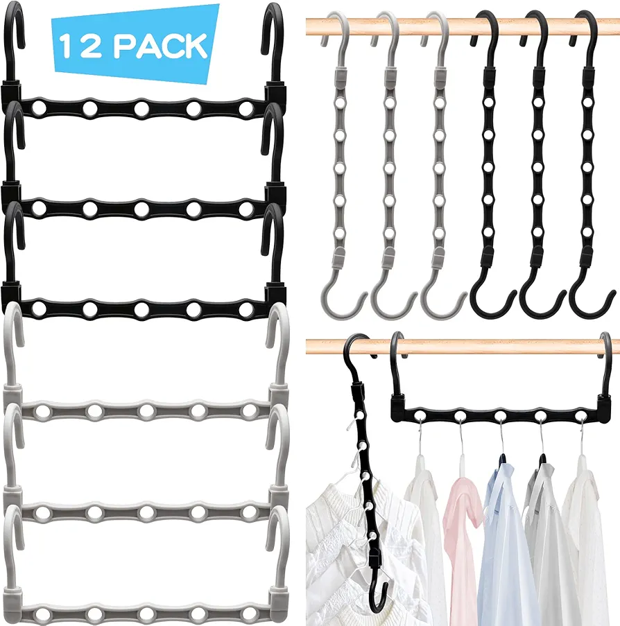 College Dorm Room Essentials Closet Organizer,12 Pack Stronger Closet Organizers and Storage Clothes Hanger with 5 Holes Closet Storage for Heavy Clothes,Magic Closet Organization Space Saving Hangers