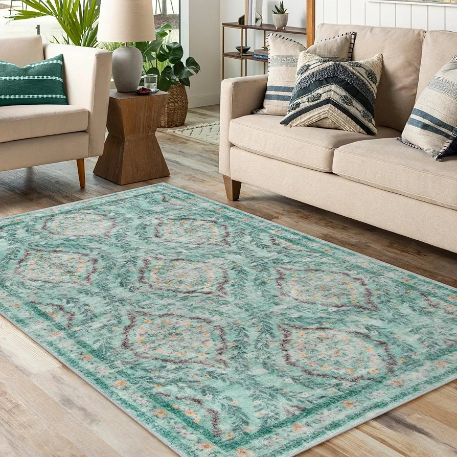 Vintage Area Rug 3x5,Washable Boho Throw Rug Non-Slip, Retro Distressed Floral Entryway Rugs Indoor,Low Pile Soft Lightweight Floor Carpet Bedroom Rugs for Kitchen,Living Room,Light Green