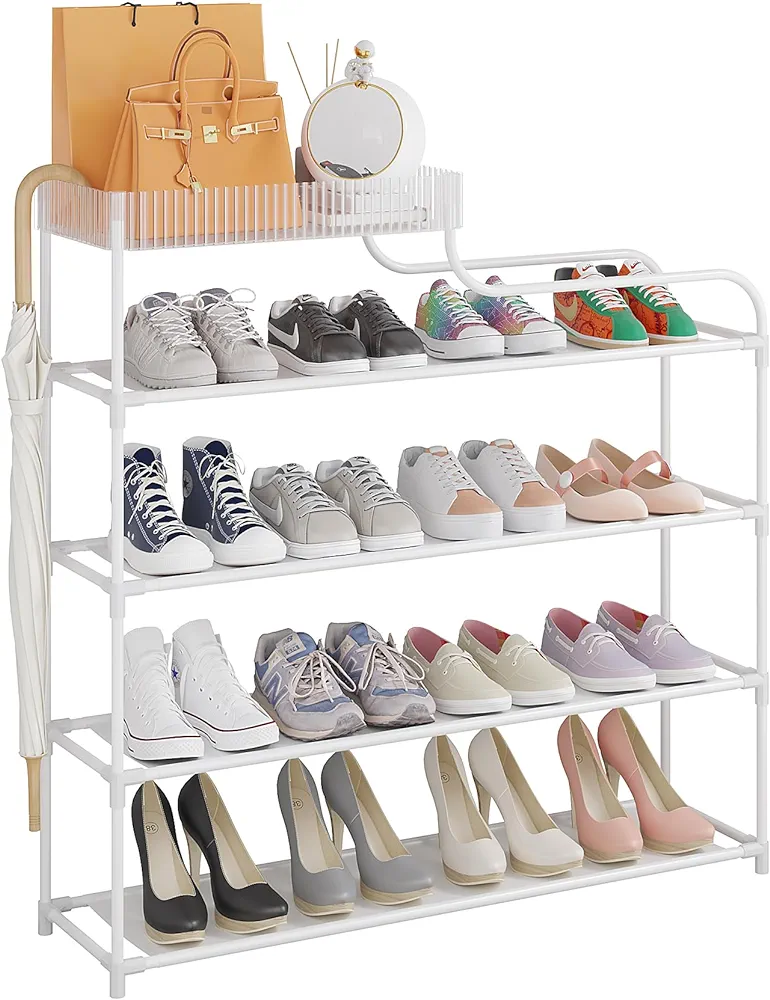 Sywhitta 4-Tier Free Standing Shoe Rack with Storage Boxes - High Capacity Organizer for Corridor, Living Room, Balcony, Bedroom, White