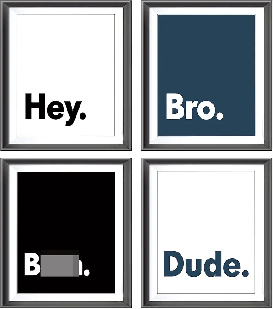 Hey Bro Dude Minimalist Typography Poster Prints for Home Teens Boys Bedroom College Dorm Decor,Navy Blue Boys Room Decorations Prints Wall Art Unframed 4pcs 8x10inches,Gift for Gamer Boys Teens Men