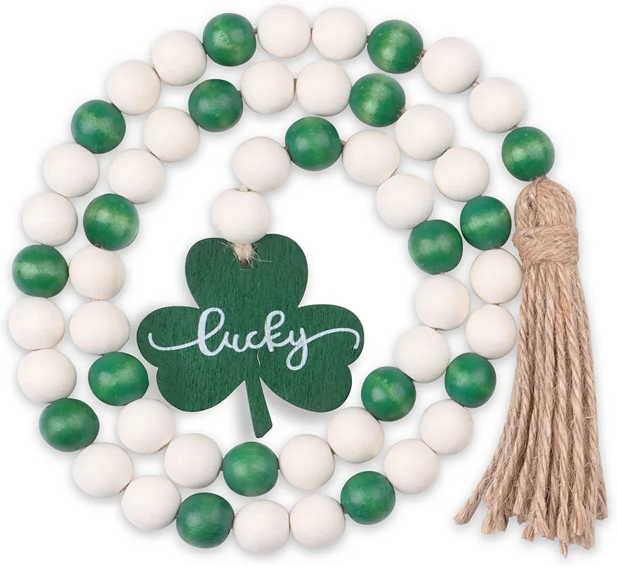 St Patricks Day Wood Bead Garland-Farmhouse Beads with Green Shamrock Pendant & Tassel-Saint Patricks Day Decorations for Tiered Tray,Fireplace,Living Room(Shamrock)