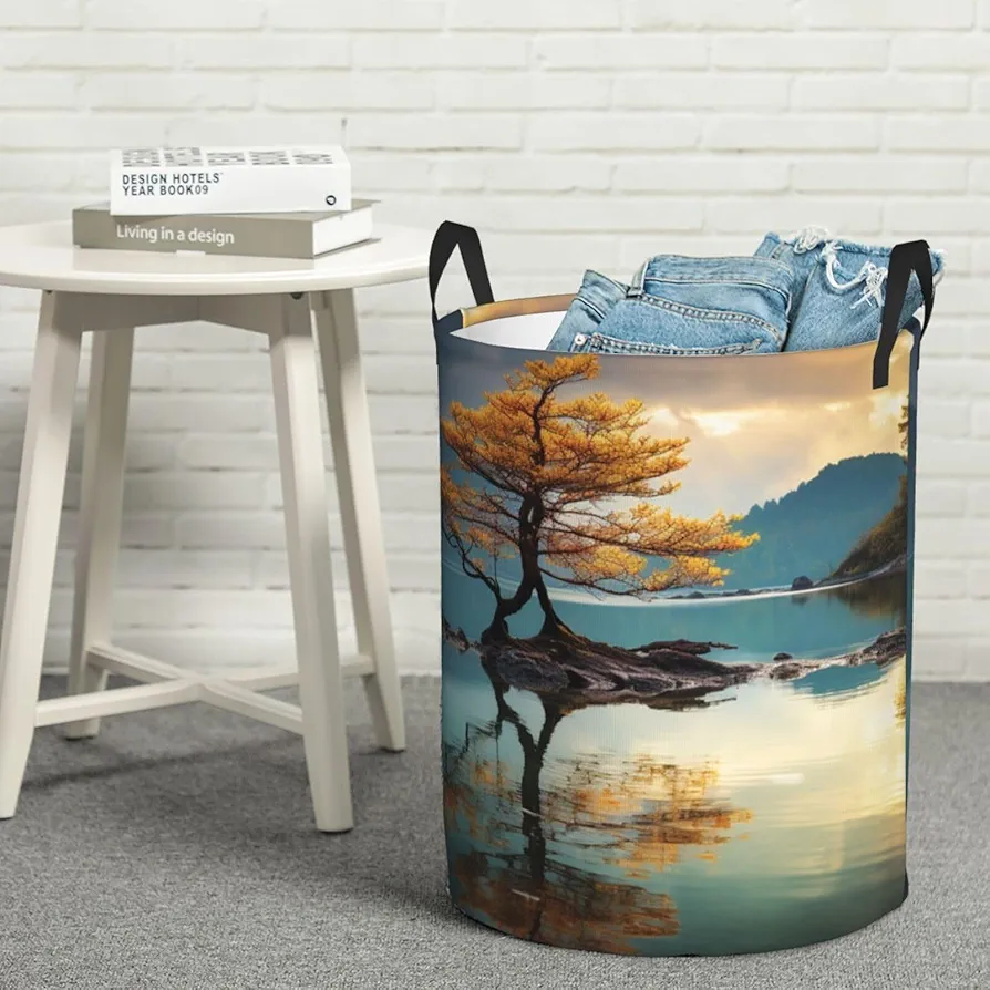 Large Laundry Basket Peaceful Lake and a Tree Laundry Hamper Collapsible Laundry Baskets Freestanding Waterproof Laundry Bag for Bedroom Bathroom Laundry Room