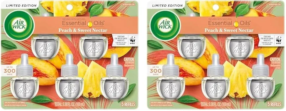 Air Wick Plug in Scented Oil Refill, 5 ct, Fresh Peach and Sweet Nectar, Air Freshener, Essential Oils, Spring Collection (Pack of 2)