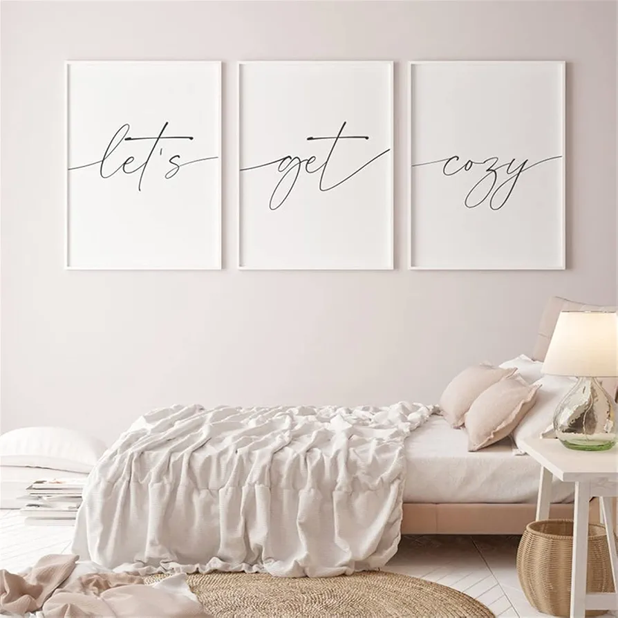 NATVVA Guest Room Quote Wall Art 3 Pieces Lets Get Cozy Sign Poster Prints Canvas Painting Framed Artwork for Living Room Guest Bedroom Decoration