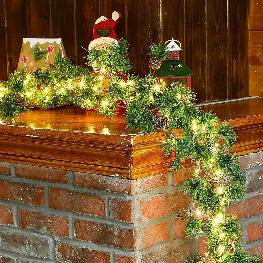 4 Pcs Christmas Garland with Lights, Pre Lit 6 ft Cones Berry Battery Operated Pine Garland, 25 LED Lights Christmas Decorations for Outdoor Fireplace Mantel Home Rooms (Pine Cone)