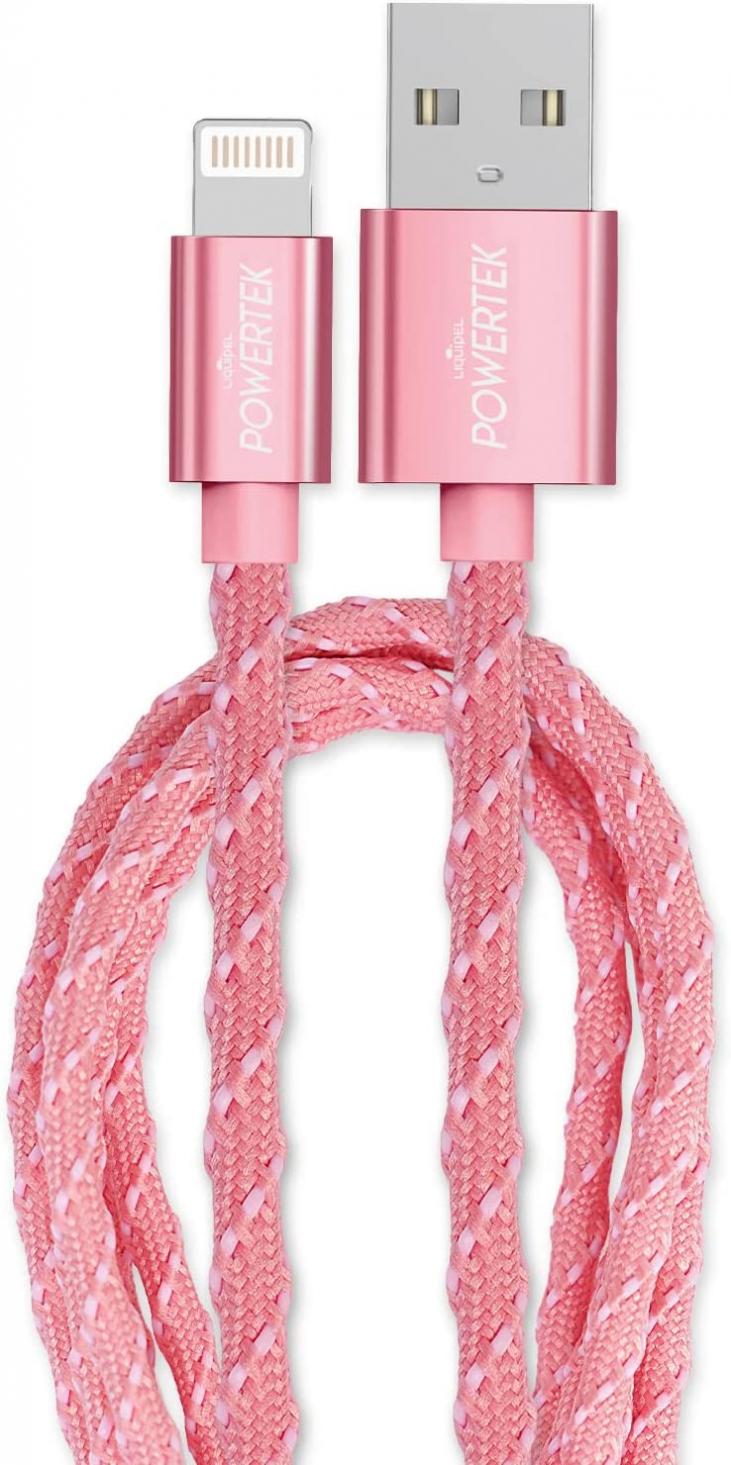 Liquipel Powertek Twizzler MFi Certified Charger Compatible for Apple iPhone, iPad, 6ft Cable, Lightning to USB Cable Cord, Fast Charging Lightning Cable, Tangle Free Design, Texture (Pink)