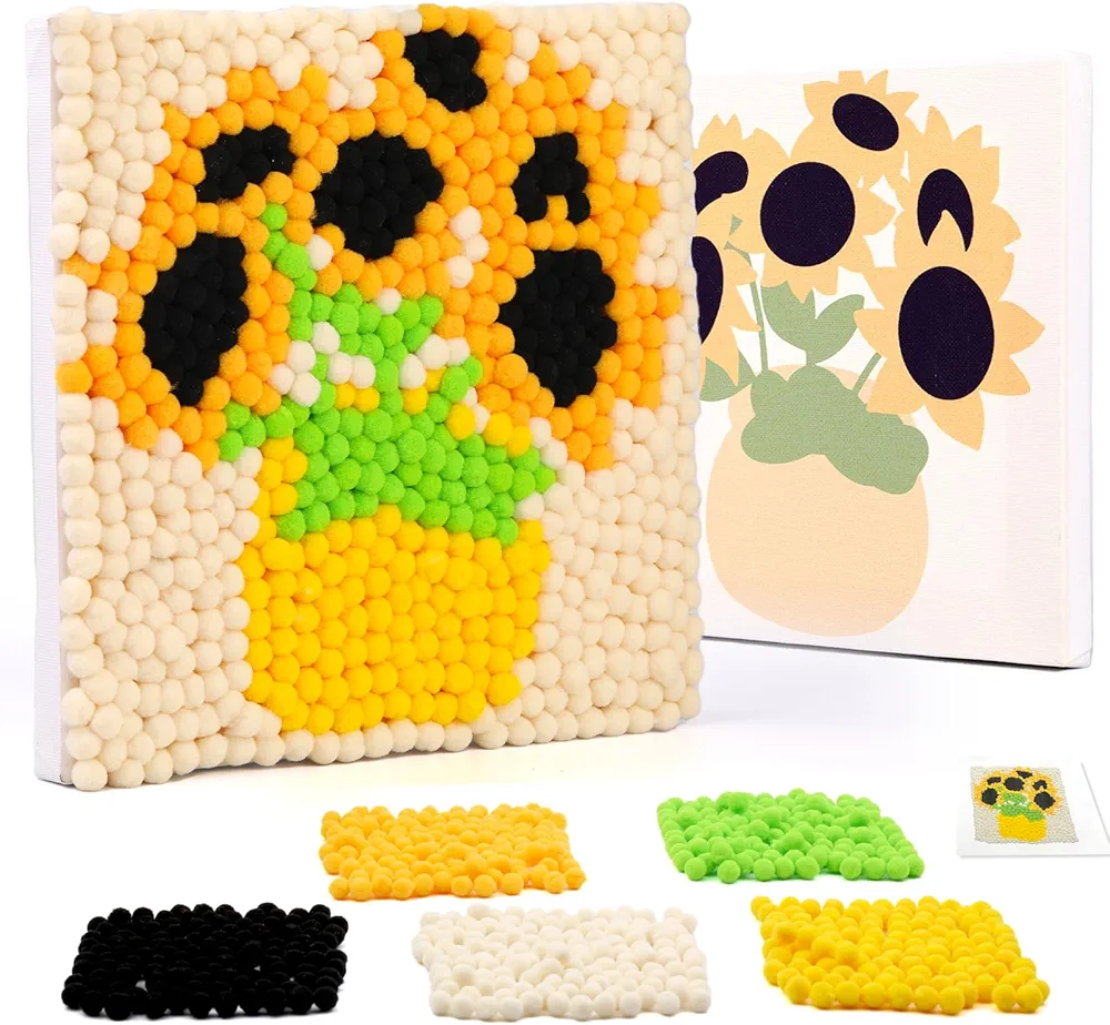 Pom Pom Painting Art Kit for Beginners, Perfect Craft Projects for Adults, Colorful Pom Poms and Supplies Included, DIY Pom Pom Painting on Paint Canvas.(Sunflower)