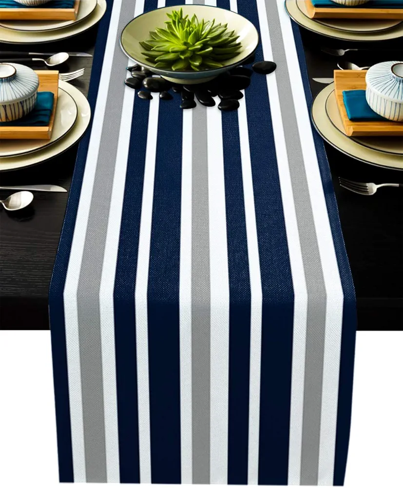 Stripe Table Runner-Navy Blue Gray White Cotton Linen-Long 72 inche Dresser Scarves,Farmhouse Tablerunner for Kitchen Coffee/Dining/Sofa Table Bedroom Home Living Room,Scarf Decor for Holiday Dinner