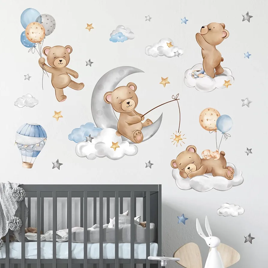 decalmile Bear Sleeping on The Moon Wall Decals Hot Air Balloon Animals Clouds Wall Stickers Baby Nursery Kids Bedroom Playroom Wall Decor