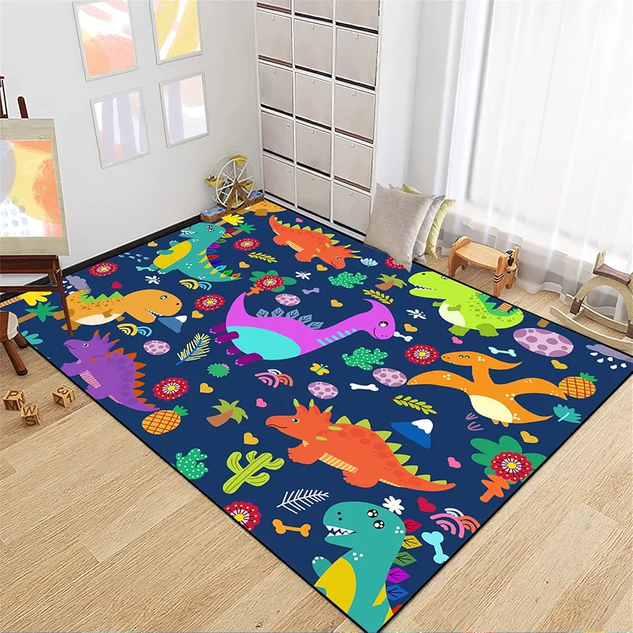 Dinosaur Rugs for Boys Bedroom Dinosaur Play Rug Kids Room Rug Dinosaur Area Rug Cartoon Dinosaur Carpet Cute Dinosaur Mat Dinosaur Rug for Living Room Bedroom Playroom, Blue 2'5''×4'