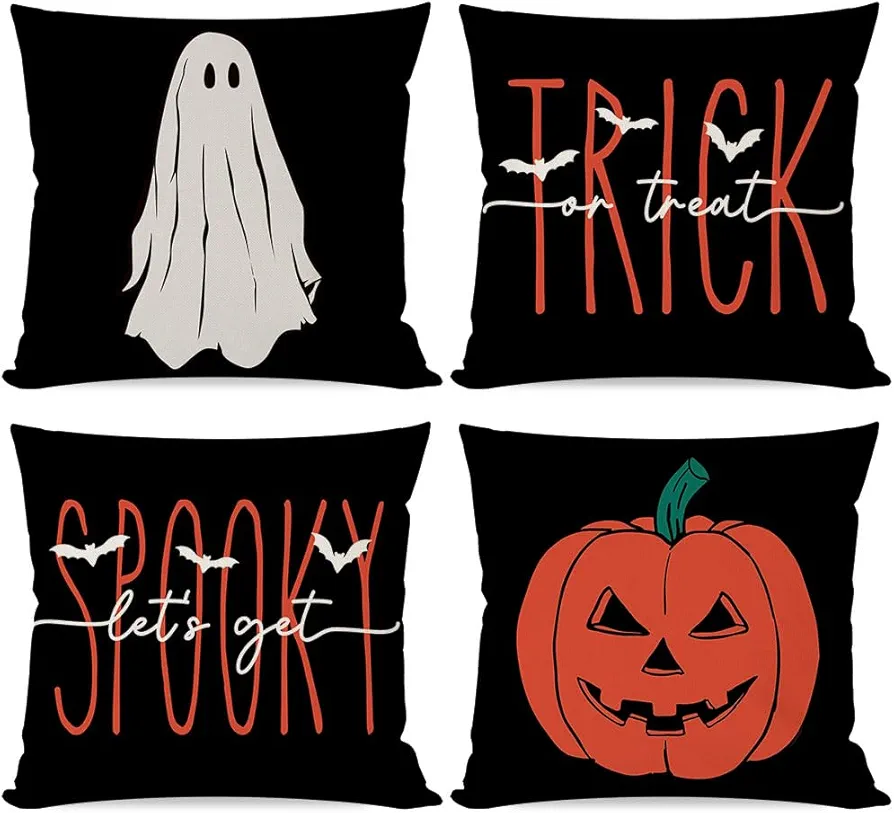 Black Halloween Pillow Covers 18x18 Set of 4 Ghost Jack O Lantern Pumpkin Trick or Treat Spooky Halloween Decorations Indoor Outdoor Decorative Pillow Cases for Home Living Room Couch Decor