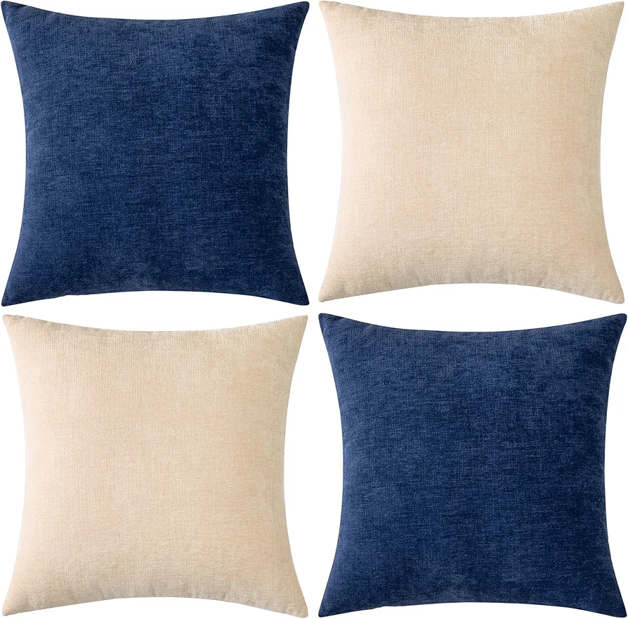 Pack of 2 Couch Throw Pillow Covers 18x18 Inch Soft Square Chenille Pillow Cover for Sofa Living Room Bedroom Car Solid Dyed Pillow Cases (Only Pillowcases) 45x45cm, Beige, Navy Blue