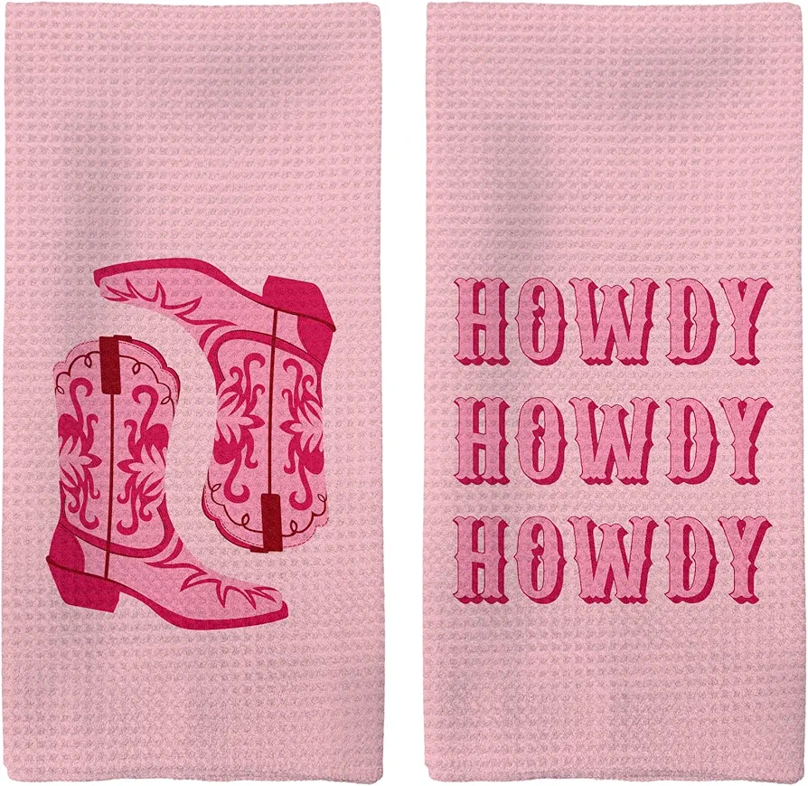 Hot Pink Kitchen Towels, Pink Western Cowgirl Decor, Howdy Hand Dish Towels Dishcloths Tea Towels for Kitchen Girls Room Dorm, Cowgirl Room Kitchen Bathroom Decor Set of 2, 16x24in