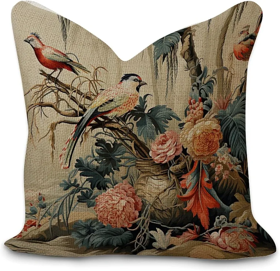 Moore Manor Antique Chinoiserie Decorative Pillow Covers 24x24in Chinoiserie Asian Style Pillowcase Farmhouse Throw Cushion Cover Cases for Couch Sofa Bed Living Room Home Decoration