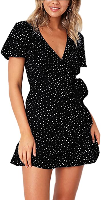 Relipop Summer Women Short Sleeve Print Dress V Neck Casual Short Dresses