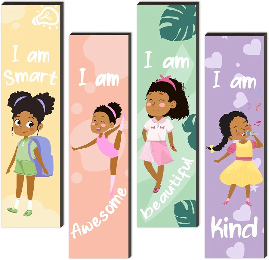 SHLINCO 4 Pieces Motivational Black Girl Wall Decor, Wall Art Inspirational Quotes, Black Girl Theme Room Wall Decor, Perfect for Girl Kids Bedroom Playroom Decoration