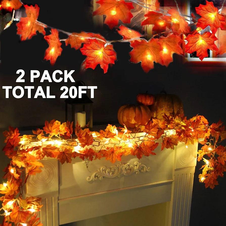 TURNMEON 2 Pack Fall Decor Enlarged Maples Leafed Fall Decorations for Home Fall Lights Thick Leafs Garlands, Total 20Ft 40LED Battery Operated Waterproof Halloween Decor Thanksgiving Indoor Outdoor