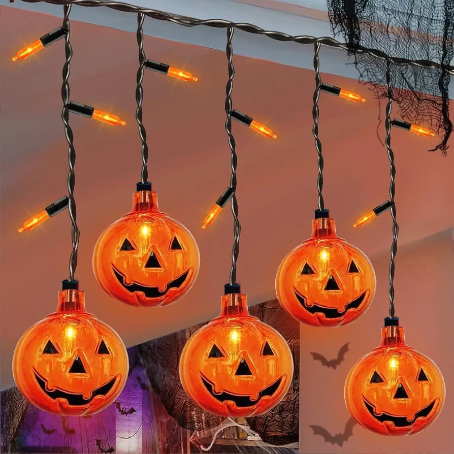 SUNSGNE 7FT Halloween Pumpkin String Lights, 10 Plastic Pumpkins with 15 Mini Orange Light Bulbs, Patio Orange String Lights for Indoor Outdoor Halloween Christmas Decorations