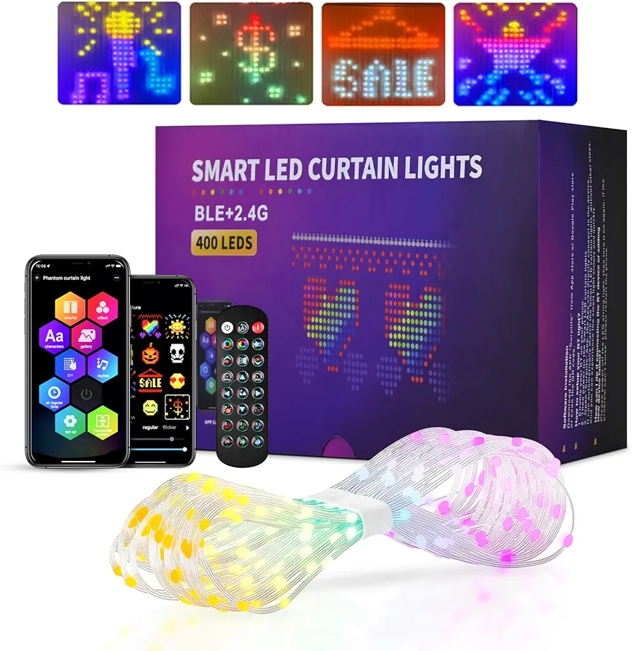 RGB Smart Curtain Lights, 6.6X 6.6ft LED Color Changing Fairy Lights Outdoor with Remote&App, for Bedroom, Living Room, Shop, Bar, Outdoor Waterproof Lamps