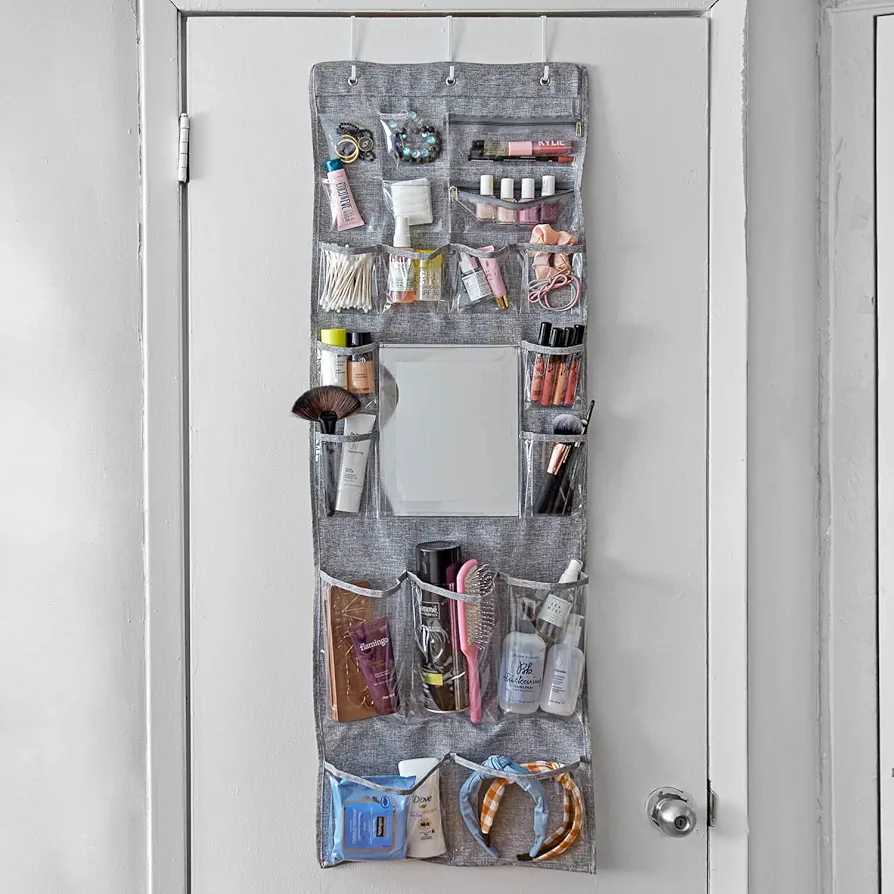 20 Pocket Over The Door Organizer with Hooks for College Dorm Room Closet, Bedroom, Bathroom, Pantry, Cruise Ship, and Kids Rooms (Grey)