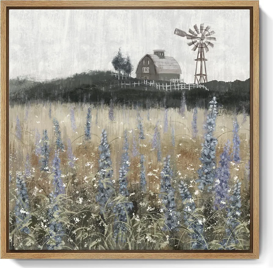 Framed Wall Art Vintage Classical Farmhouse Painting Rustic Countryside Wildflower Field Nature Meadow Landscape Retro Windmill Barn Canvas Print Wilderness Artwork for Bedroom Living Room 14"W x 14"H