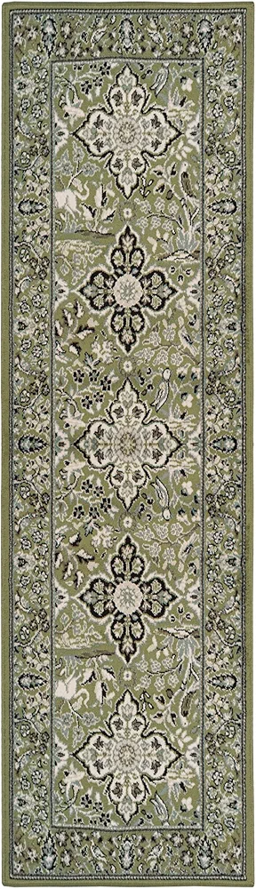 Superior Indoor Runner Rug, Jute Backed, Perfect for Entryway, Office, Living/Dining Room, Bedroom, Kitchen, Hardwood Floor, Floral Medallion Decor, Radcliffe Collection, 2' 7" x 10', Green