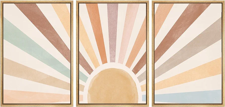 Boho Sun Wall Art Set of 3, Framed Canvas Wall Art Watercolor Rainbow Sun Rising on the Horizon Geometric Nature Illustrations Line Art Wall, Mid-Century Modern Prints Boho Wall Decor for Living Room,