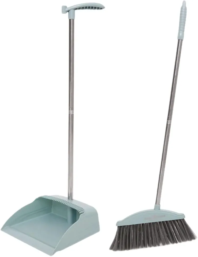 Homoyoyo Long Handle Broom and Dustpan Set Upright Dust Pan Combos Standing Dustpan Lobby Broom Sweeping Dustpan for Home Kitchen Room Office Lobby Floor without Bending