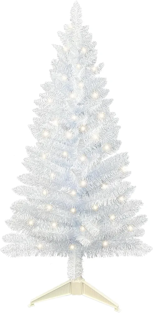 Artificial Halloween Christmas Tree 4 Ft White Mini Table Top Christmas Tree with 50 Lights Small Xmas Pine Tree for Home Office Party Holiday Indoor Outdoor Christmas Decor