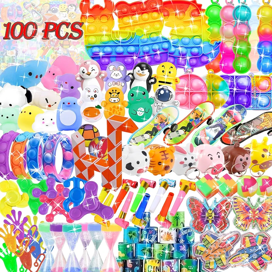 100 Pcs Fidget Party Favors for kids 4-8 Birthday Gift Toys Treasure Box Carnival Prizes Goodie Bags Stuffers School Classroom Rewards for Kids 8-12