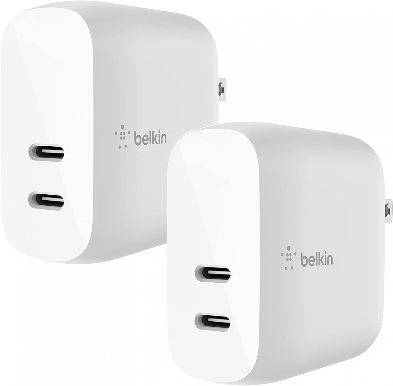 Belkin 40W USB Type C PD Wall Charger, Dual USB-C Ports, Fast Power Delivery Enabled Charging for iPhone 13, 13 Pro, 13 Pro Max, 12, 12 Pro, 12 Pro Max, Mini, iPad Pro, Galaxy, and More (2-Pack)