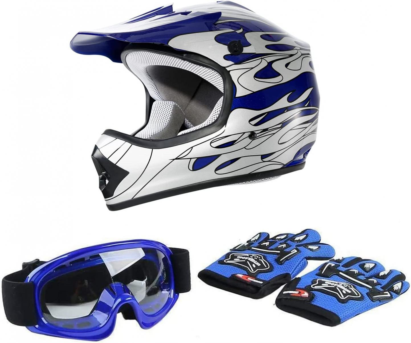 SLMOTO DOT Youth & Kids Motocross Offroad Street Helmet Blue Flame Motorcycle Youth Helmet Dirt Bike Motocross ATV Helmet+Goggles+Gloves Medium