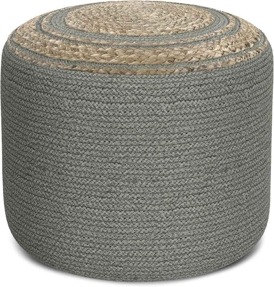 SIMPLIHOME Serena 18 Inch Contemporary Round Braided Pouf in Dove Grey Cotton, For the Living Room, Bedroom and Kids Room