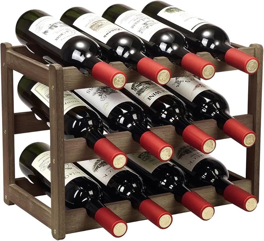 Bamboo Wine Rack, Sturdy and Durable Wine Storage Cabinet Shelf, Wine Racks Countertop for Pantry - 3 Tiers 12 Bottle Wine Rack, Moca