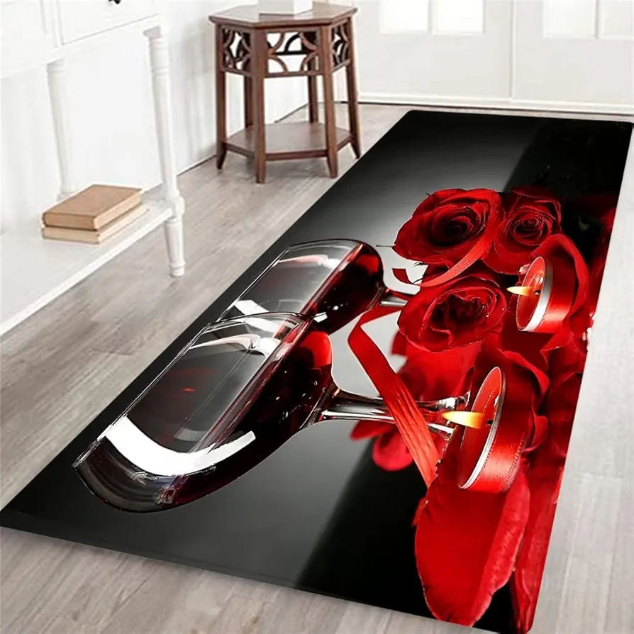 Long Runner Rug for Hallway,Red Rose Wine Decorative Heart on Black,Non-Slip Floor Mat for Living Room Farmhouse Bedroom Area Carpet Soft Entrance Doormat Indoor Door Mats Washable Kitchen Rugs