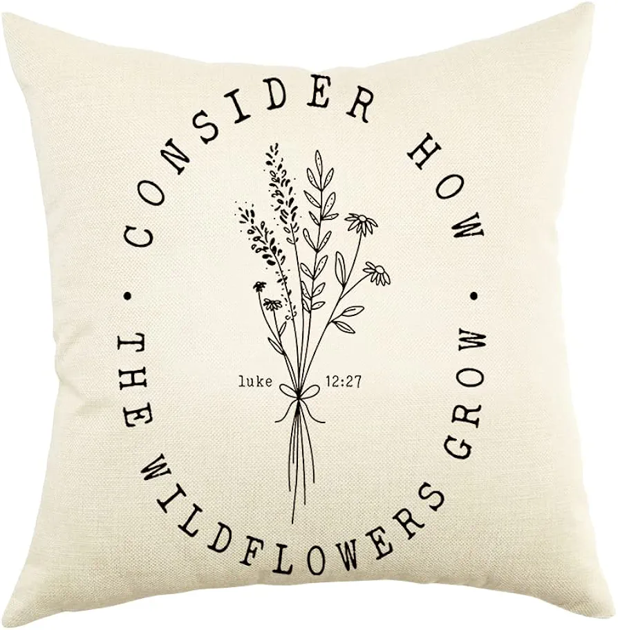 Ogiselestyle Farmhouse Pillow Covers with Consider How The Wildflowers Grow Quote 18 x 18 Inch Farmhouse Rustic Cushion Covers with Saying Family Room Décor