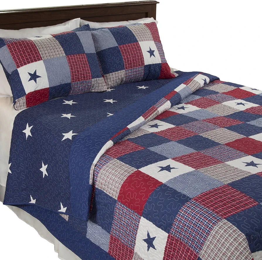 Lavish Home 3-PC Caroline Patriotic Microfiber Americana Stars and Plaid Patchwork Blanket 2 Shams – Home Bedding by LHC (Full/Queen) Quilt Set, Multicolor