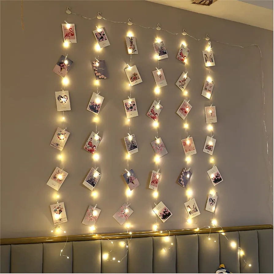 3.3×5ft Short Curtain Lights with 8 Hook for Small Windows, 96 LED Warm White Photo Clips String Light with 52 Clear Clips, Remote Control 8 Modes USB Plug Fairy Lights for Bedroom, Party, Wall