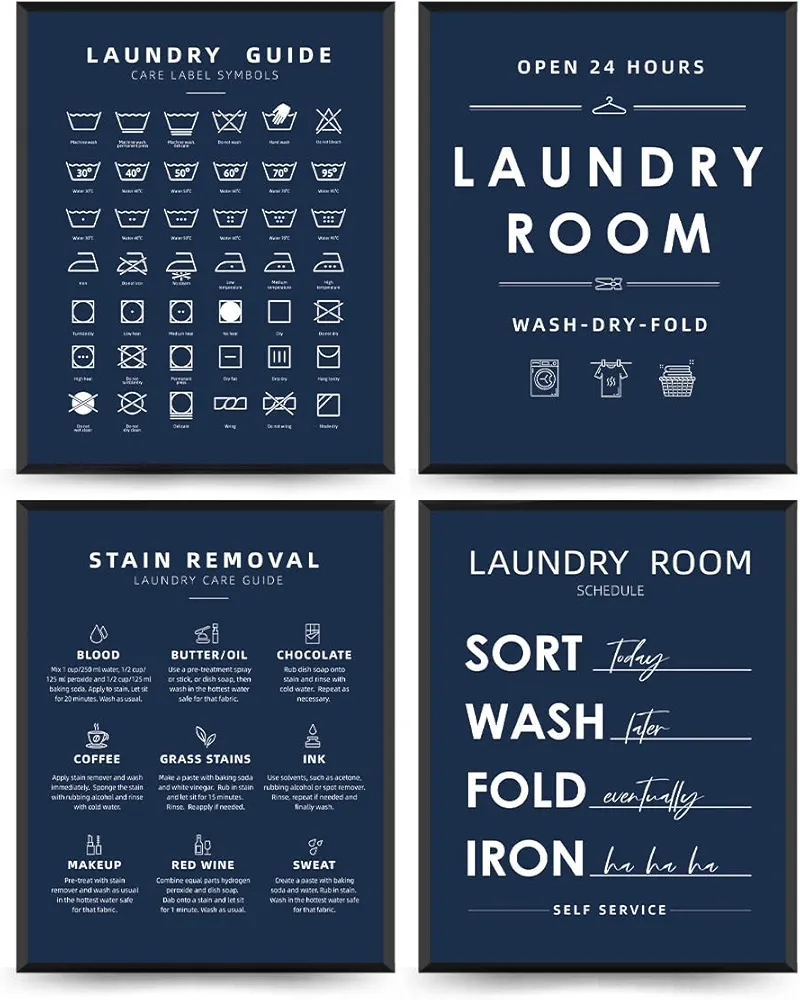 PLKMK Laundry Room Wall Art Print Set of 4 - Laundry Symbols Wall Decor, Laundry Care Symbols Guide Sign,Laundry Room Decor 8x10 Inch (Navy Blue)