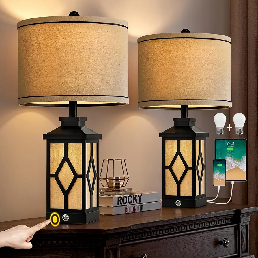 23.5" Touch Table Lamps Set of 2 Farmhouse Bedside Lamps with USB A+C Charging Ports 3-Way Dimmable Black Lamps for Living Room Retro Lamps for Night Stands Boho Bedroom Lamps