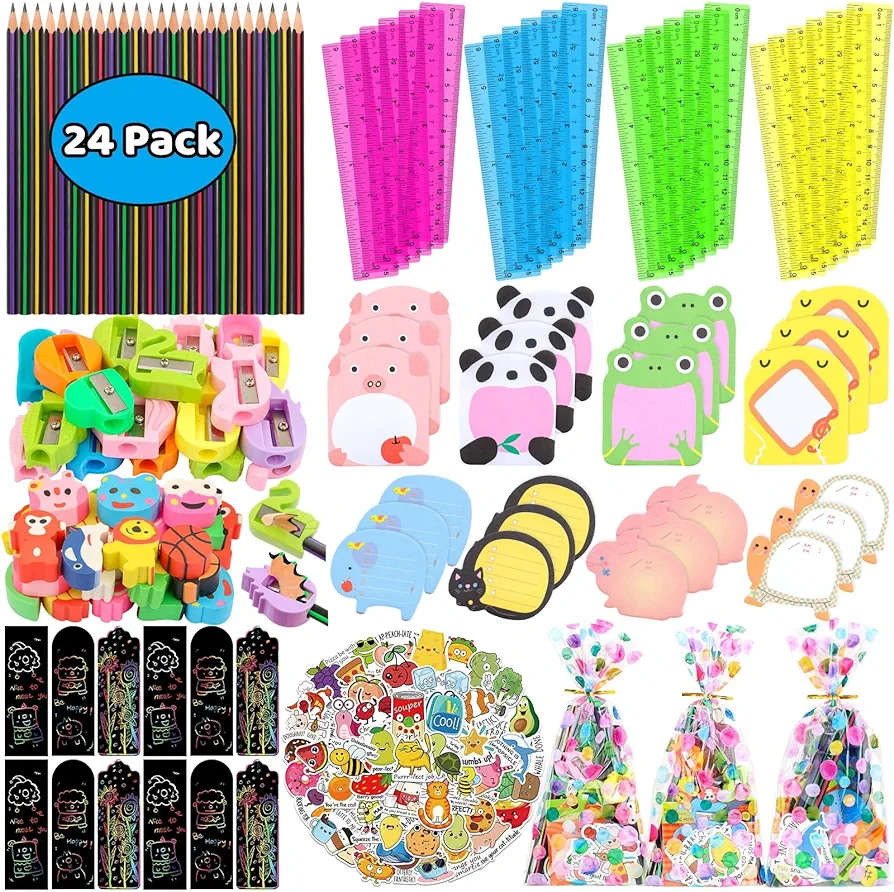 Stationery Party Favors for Kids, 24 Pack Stationery Party Supplies With Pencils Rulers Erasers Sticky Notes For Birthday Goodie Bags School Classroom Rewards