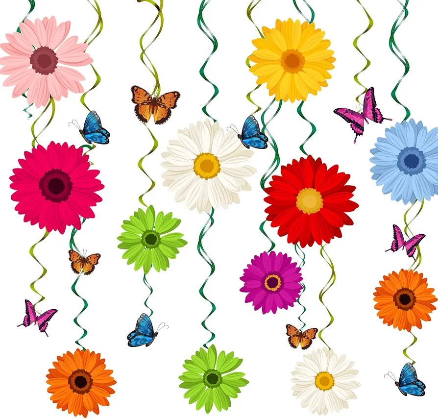 48 Pieces Spring Sun Flowers Butterfly Hanging Swirl Decorations Spirals Sunflower Party Streamers Wall Ceiling Hanging Supplies Favors Spring Summer Birthday Party Decorations