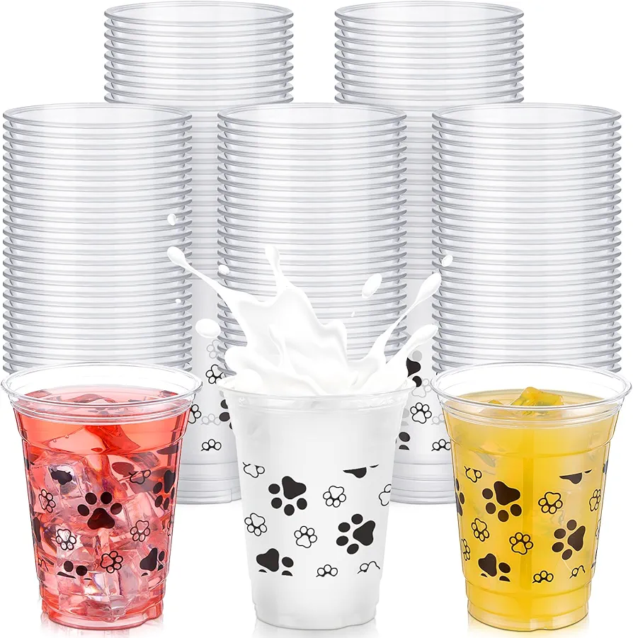 50 Pcs Dog Party Cups Bulk Puppy Paw Print Themed Cups 12 oz Disposable Clear Plastic Birthday Party Cups for Ice Coffee, Smoothie, Juice, Baby Shower School Classroom Party Supplies