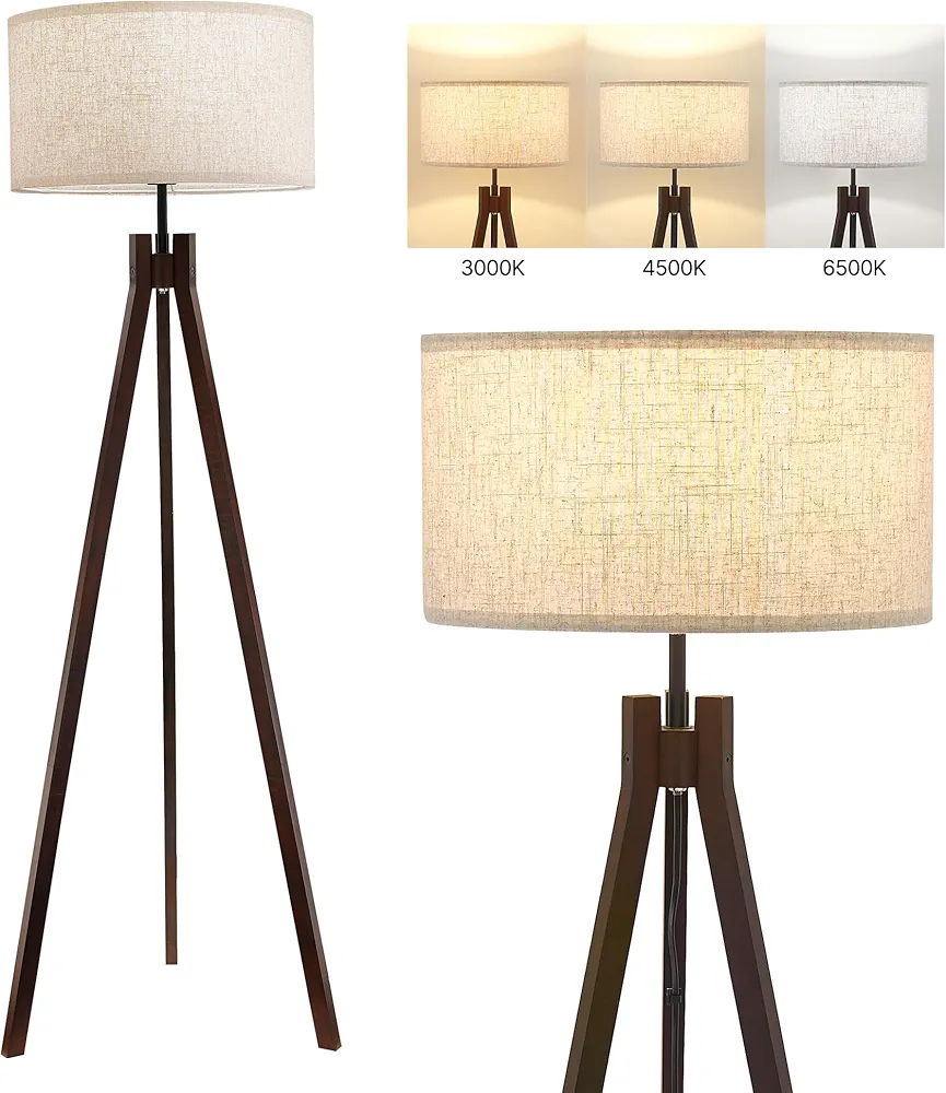 ELYONA Wood Tripod Floor Lamp for Bedroom, 3 Color Temperatures & Linen Shade, Modern Reading Standing Lamp with 9W LED Bulb, Mid Century Night Light for Farmhouse, Living Room, Office, Walnut