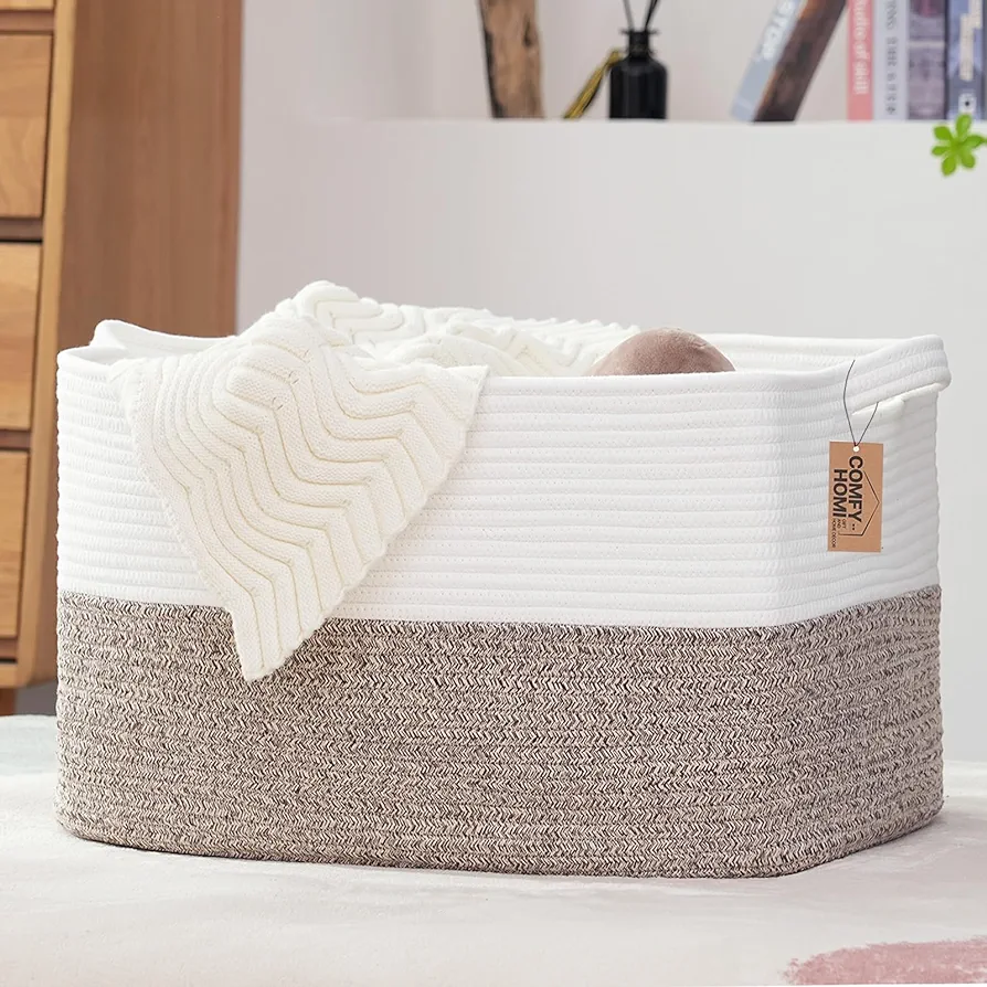 COMFY-HOMI Large Laundry Basket for Organizing|Rectangle Cotton Rope Storage Basket with Handles|Blanket Basket for Living Room|Woven Laundry Basket for Towels, Toys, Clothes-22x15x12”-White/Brown